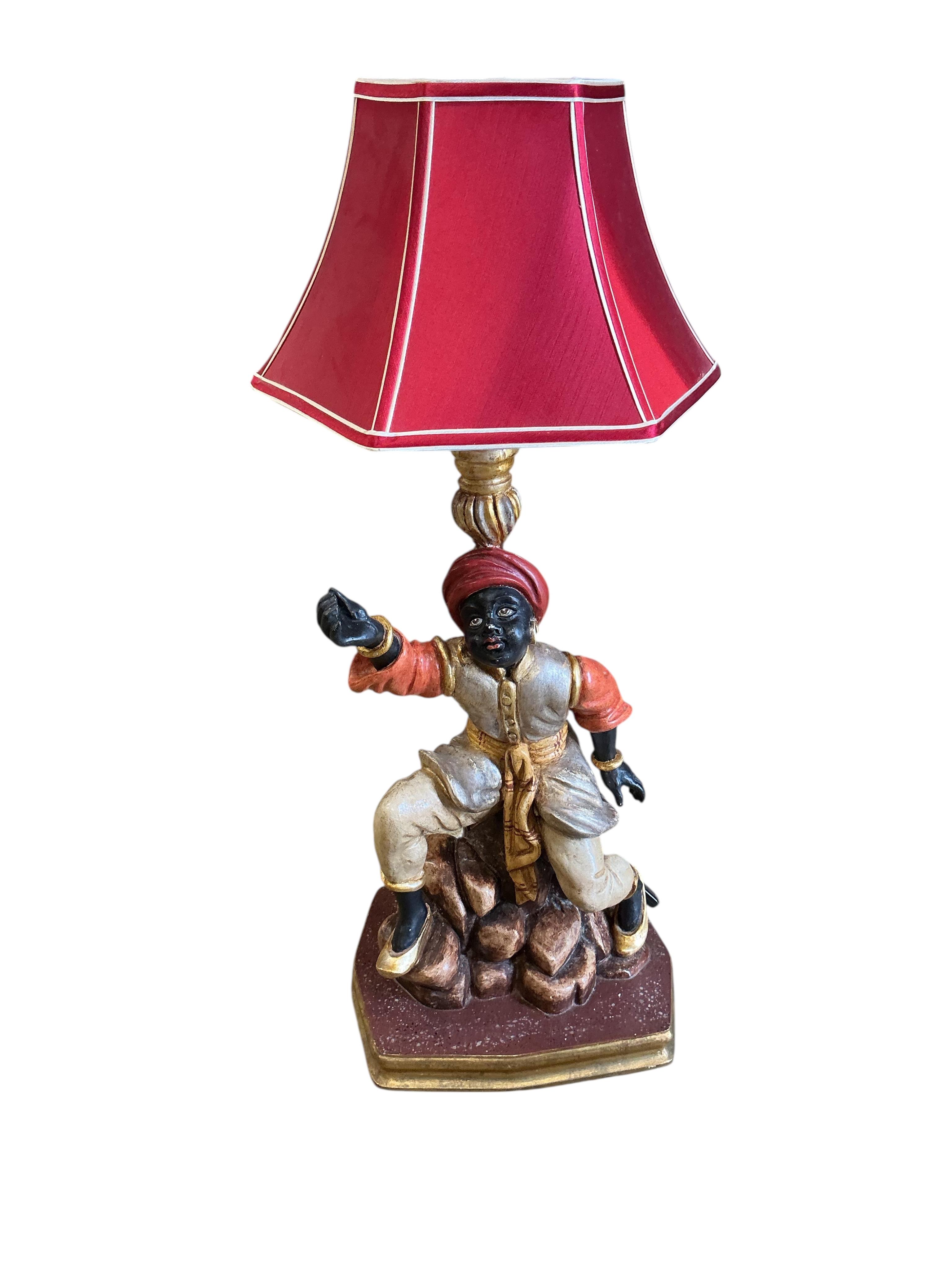 A pair of Venetian style Blackamoor table lamps, height including shades 93cm
